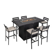 Chelsea 7-Piece Patio Bar Set: Aluminum Fire Pit Table with Tank Holder & 6 Barstools with Cushions - Elax Furniture