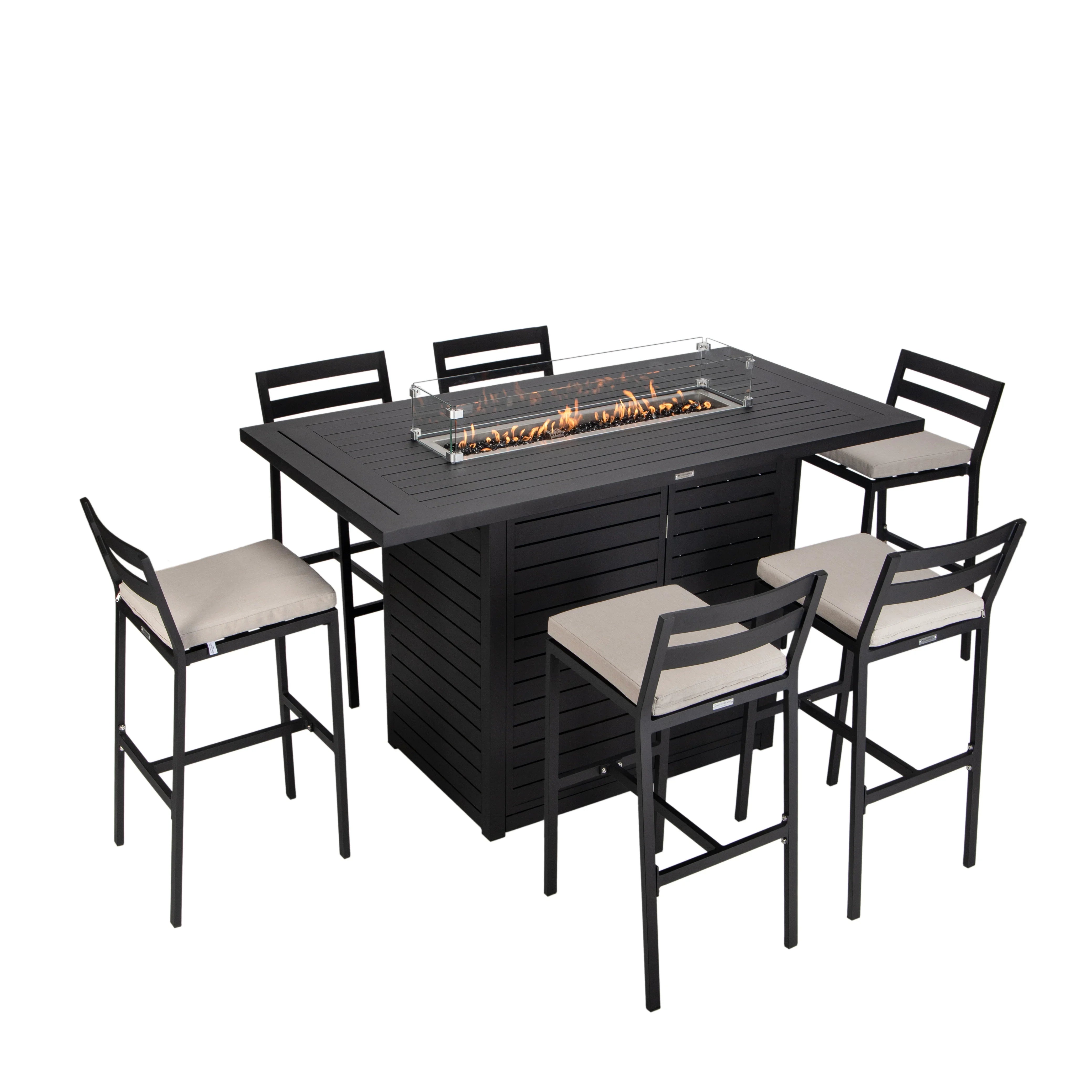 Chelsea 7-Piece Patio Bar Set: Aluminum Fire Pit Table with Tank Holder & 6 Barstools with Cushions - Elax Furniture