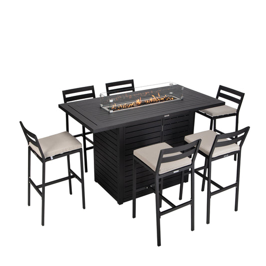 Chelsea 7-Piece Patio Bar Set: Aluminum Fire Pit Table with Tank Holder & 6 Barstools with Cushions - Elax Furniture
