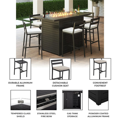 Chelsea 7-Piece Patio Bar Set: Aluminum Fire Pit Table with Tank Holder & 6 Barstools with Cushions - Elax Furniture