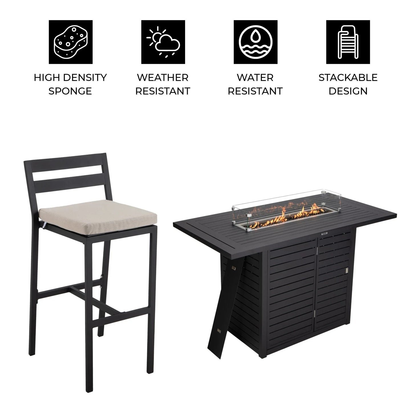 Chelsea 7-Piece Patio Bar Set: Aluminum Fire Pit Table with Tank Holder & 6 Barstools with Cushions - Elax Furniture