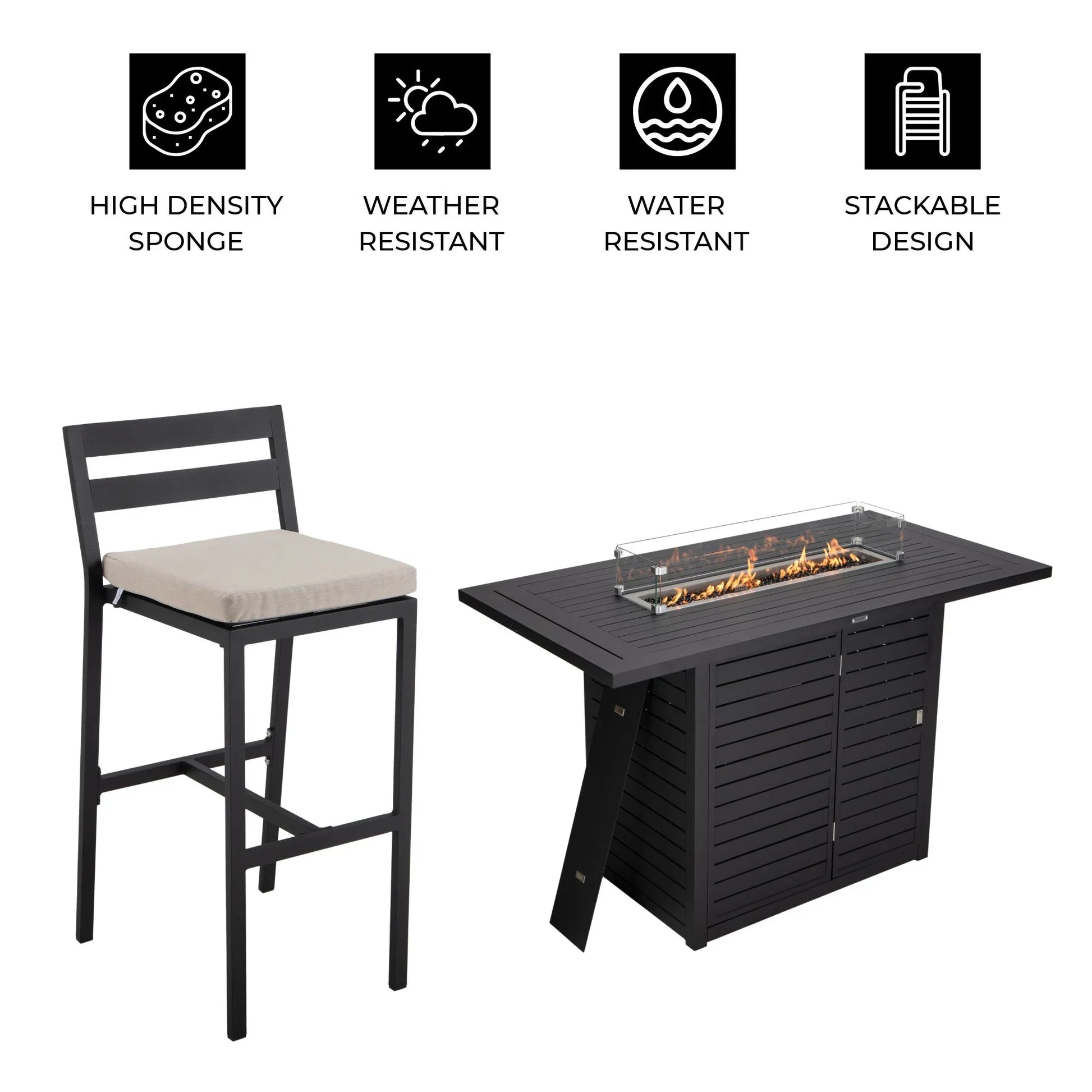 Chelsea 7-Piece Patio Bar Set: Aluminum Fire Pit Table with Tank Holder & 6 Barstools with Cushions - Elax Furniture