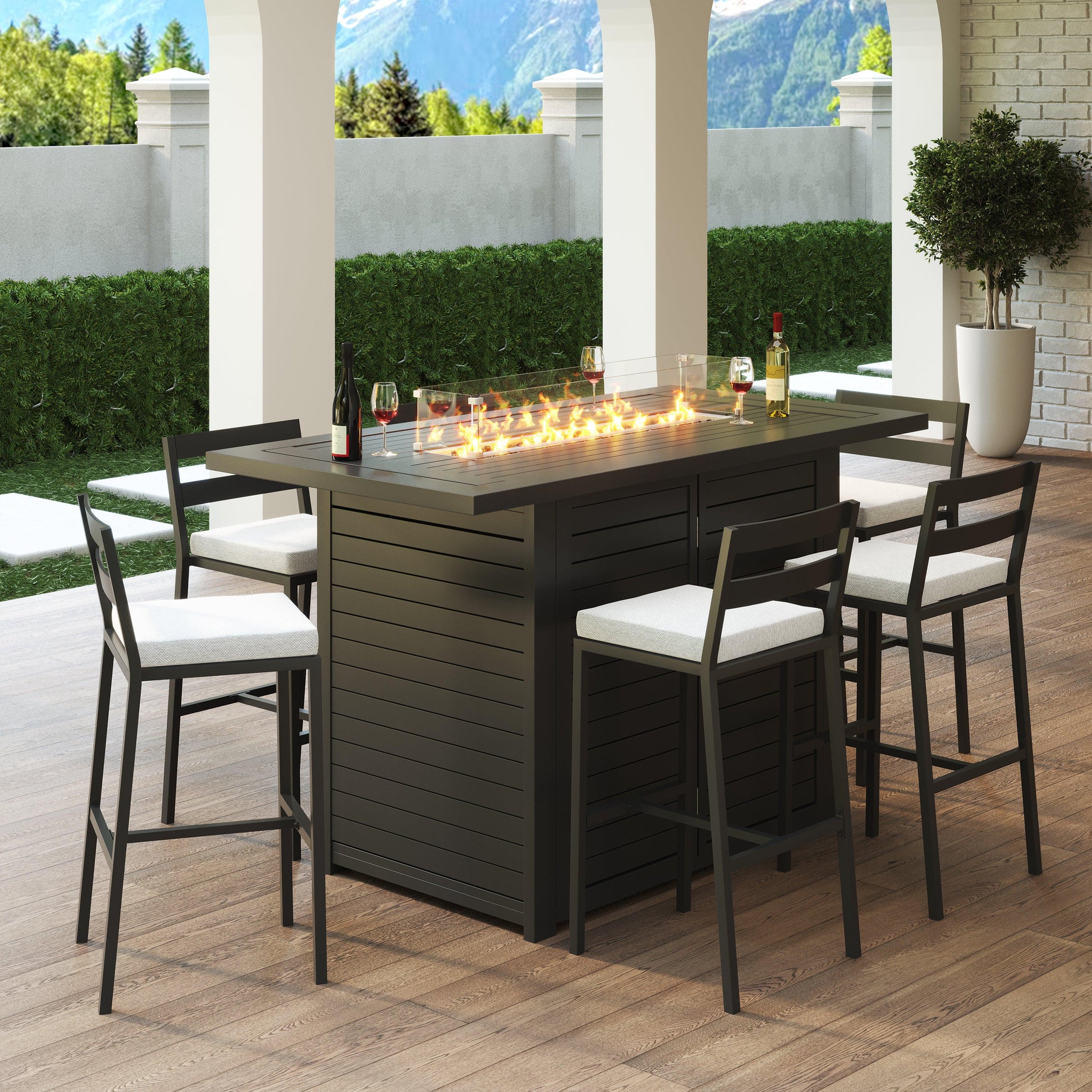 Chelsea 7-Piece Patio Bar Set: Aluminum Fire Pit Table with Tank Holder & 6 Barstools with Cushions - Elax Furniture