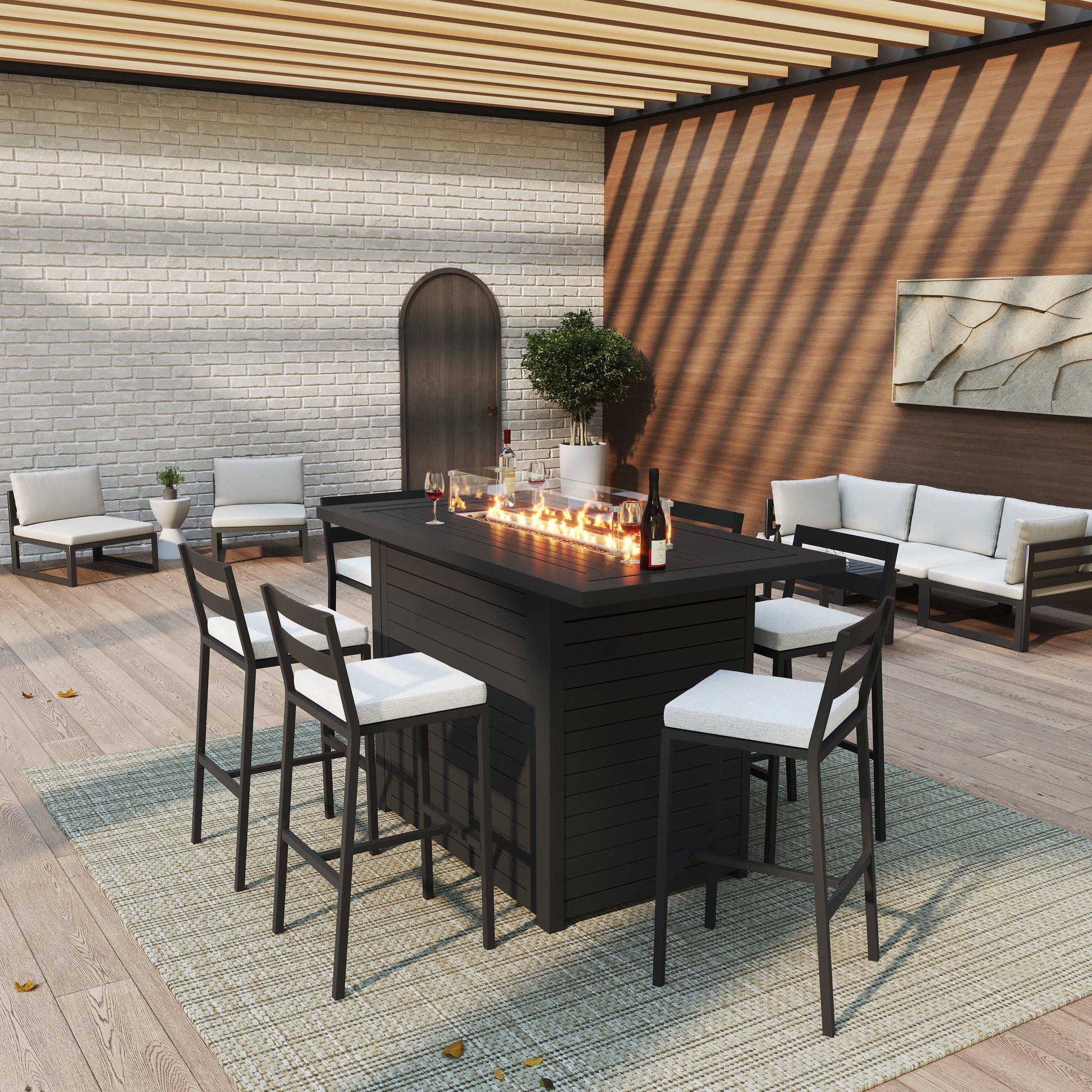 Chelsea 7-Piece Patio Bar Set: Aluminum Fire Pit Table with Tank Holder & 6 Barstools with Cushions - Elax Furniture