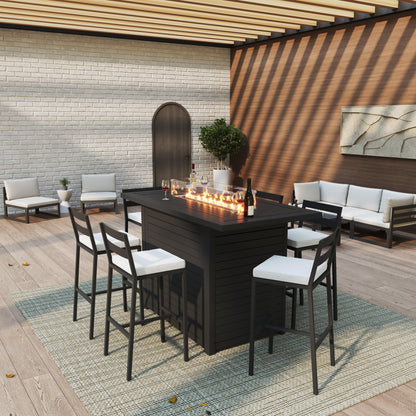 Chelsea 7-Piece Patio Bar Set: Aluminum Fire Pit Table with Tank Holder & 6 Barstools with Cushions - Elax Furniture