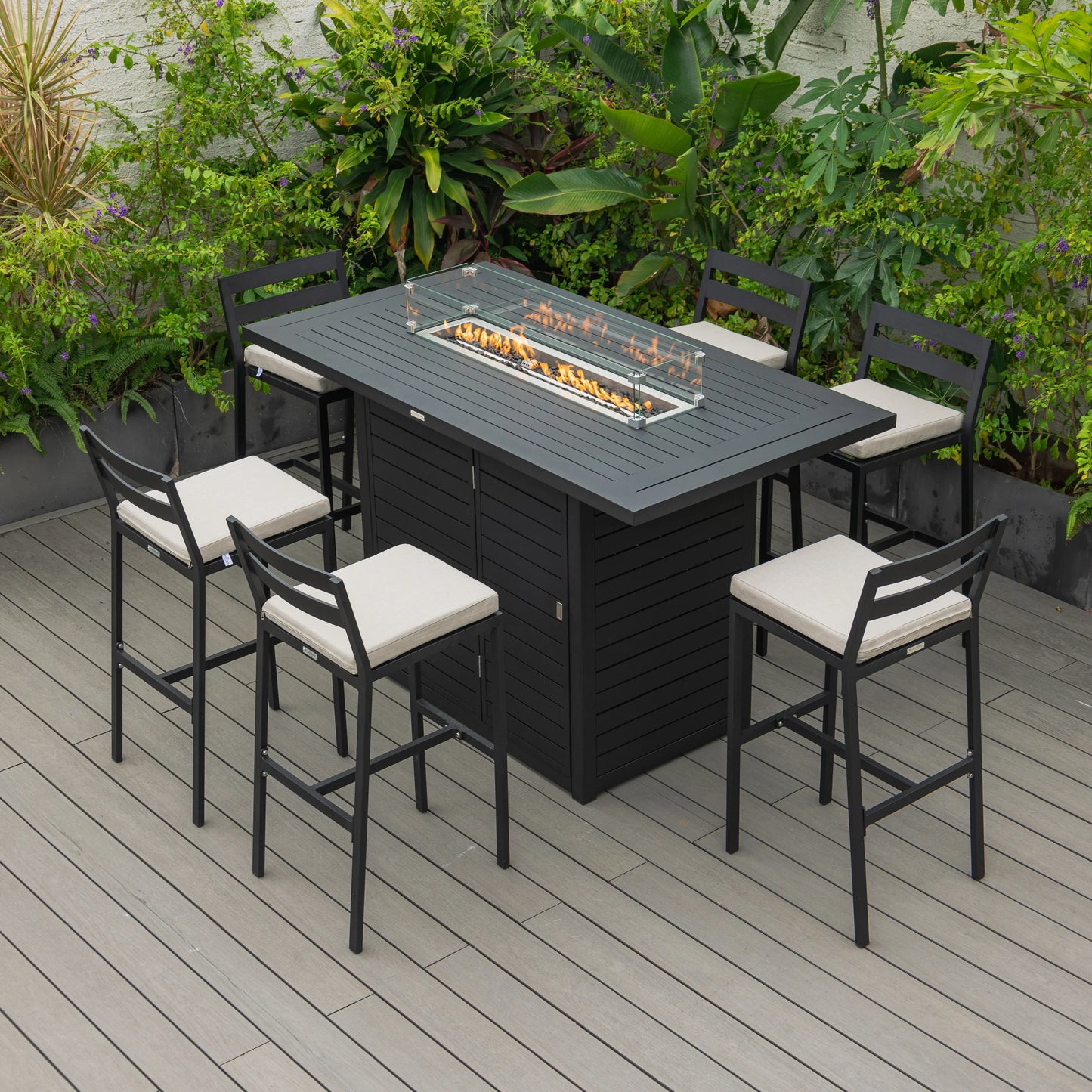 Chelsea 7-Piece Patio Bar Set: Aluminum Fire Pit Table with Tank Holder & 6 Barstools with Cushions - Elax Furniture