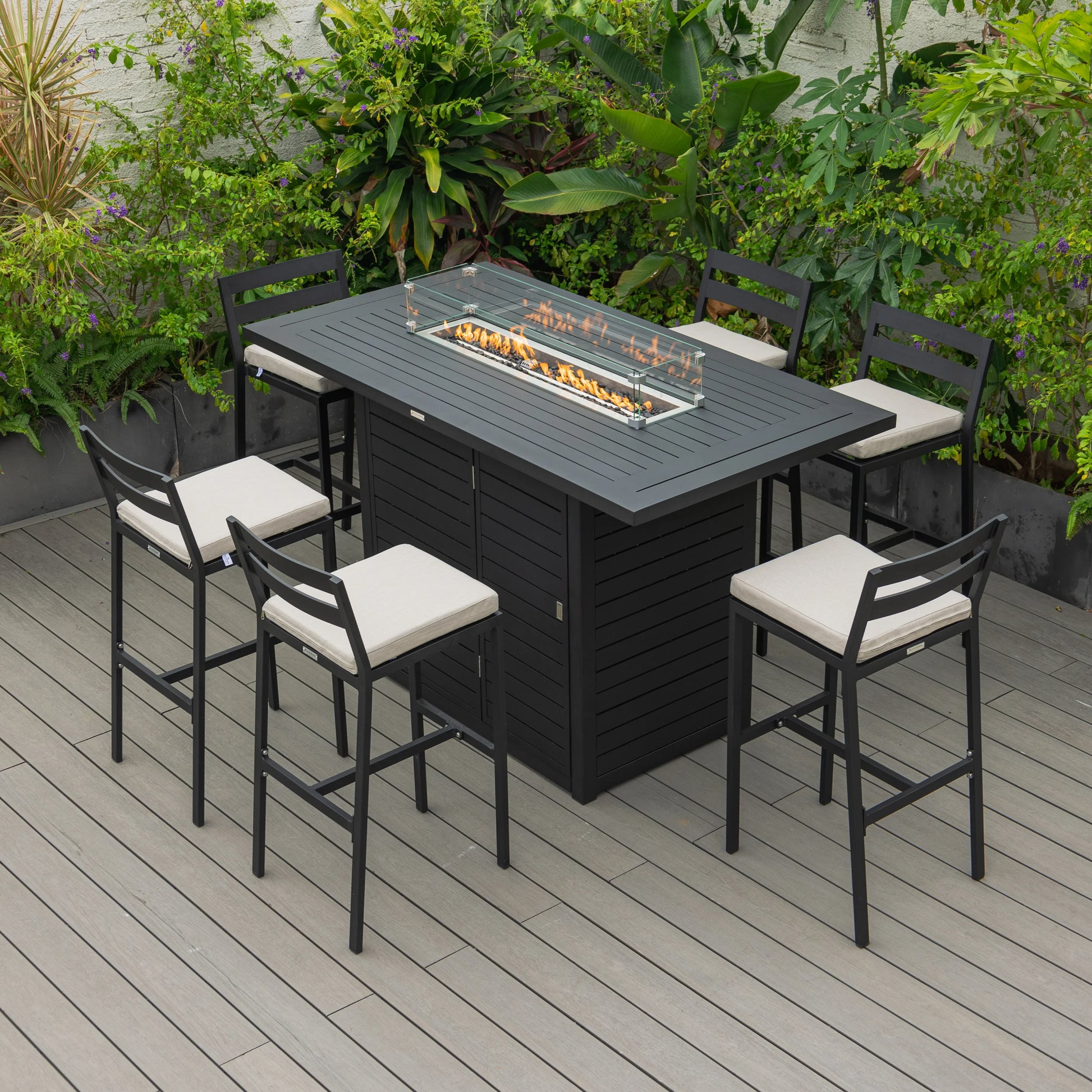 Chelsea 7-Piece Patio Bar Set: Aluminum Fire Pit Table with Tank Holder & 6 Barstools with Cushions - Elax Furniture
