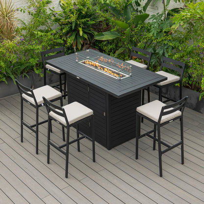 Chelsea 7-Piece Patio Bar Set: Aluminum Fire Pit Table with Tank Holder & 6 Barstools with Cushions - Elax Furniture