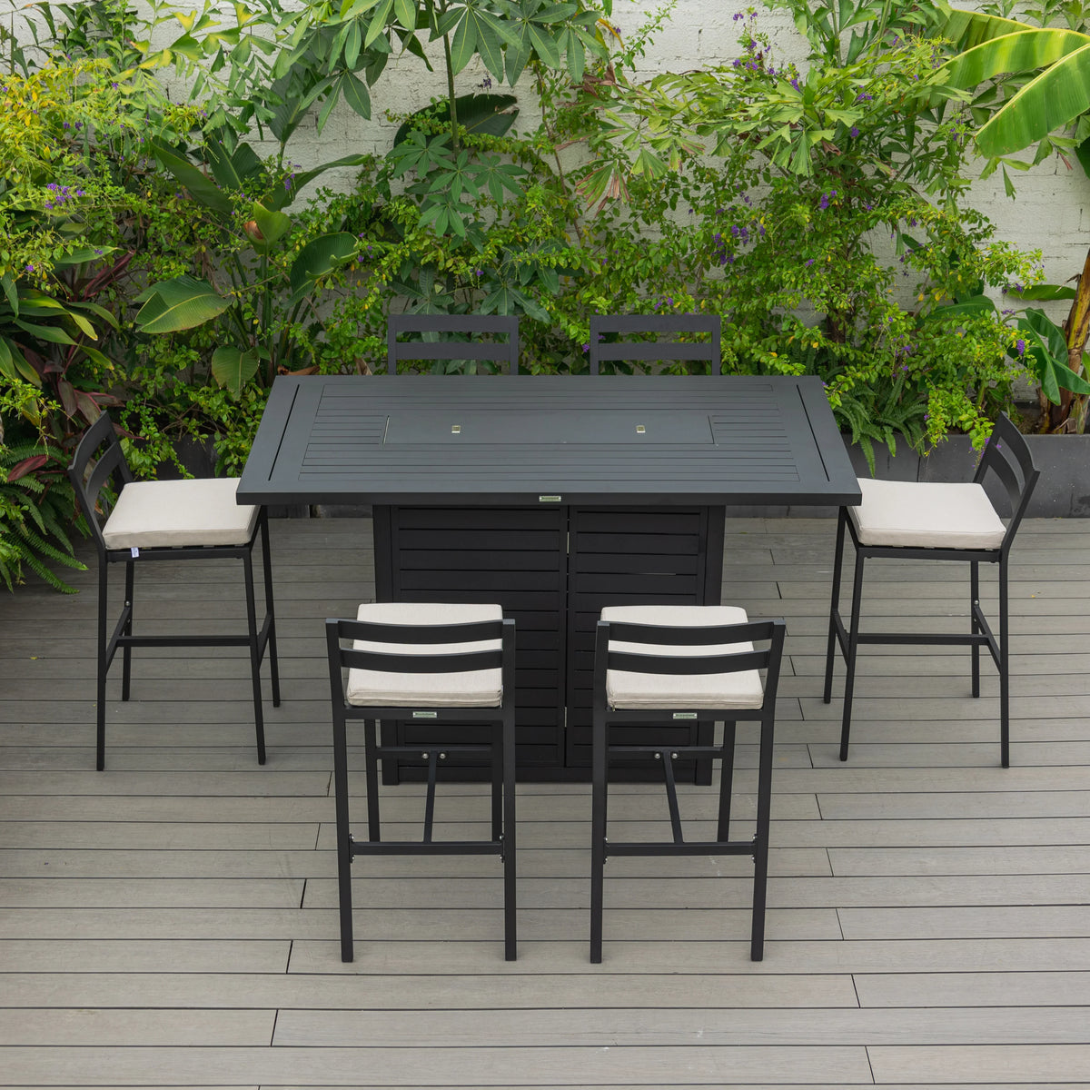Chelsea 7-Piece Patio Bar Set: Aluminum Fire Pit Table with Tank Holder & 6 Barstools with Cushions - Elax Furniture