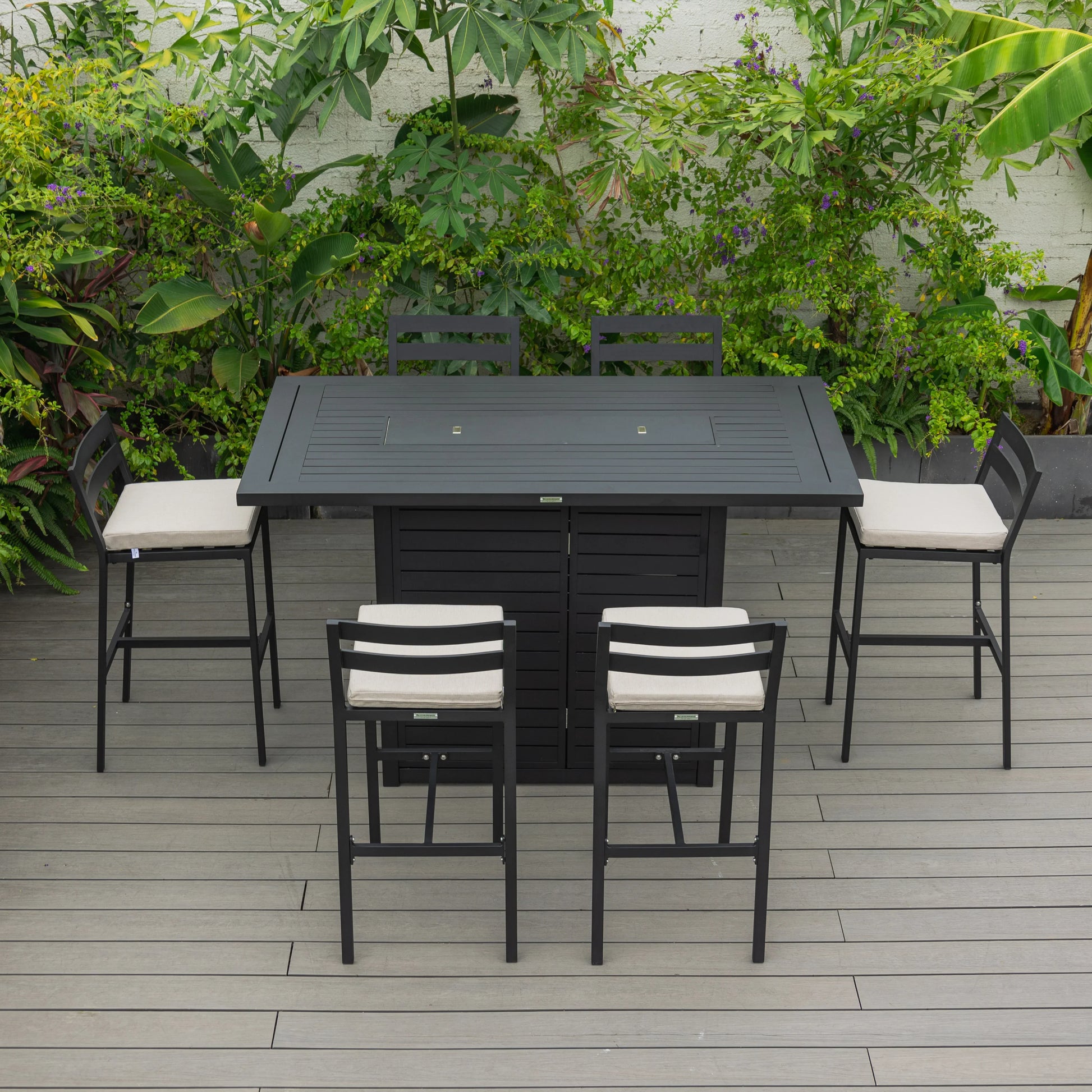 Chelsea 7-Piece Patio Bar Set: Aluminum Fire Pit Table with Tank Holder & 6 Barstools with Cushions - Elax Furniture