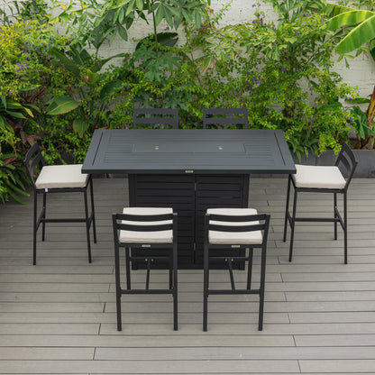 Chelsea 7-Piece Patio Bar Set: Aluminum Fire Pit Table with Tank Holder & 6 Barstools with Cushions - Elax Furniture