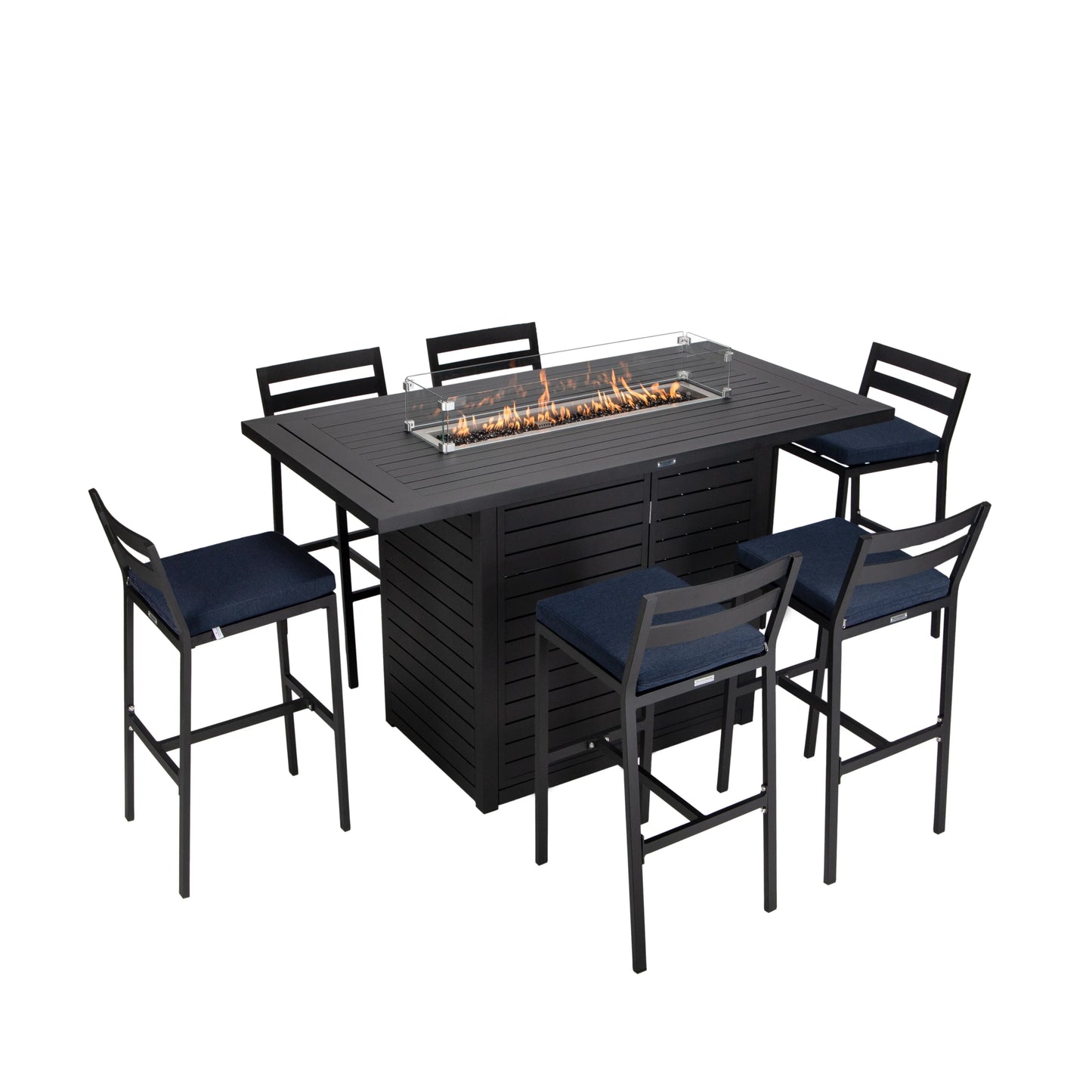 Chelsea 7-Piece Patio Bar Set: Aluminum Fire Pit Table with Tank Holder & 6 Barstools with Cushions - Elax Furniture