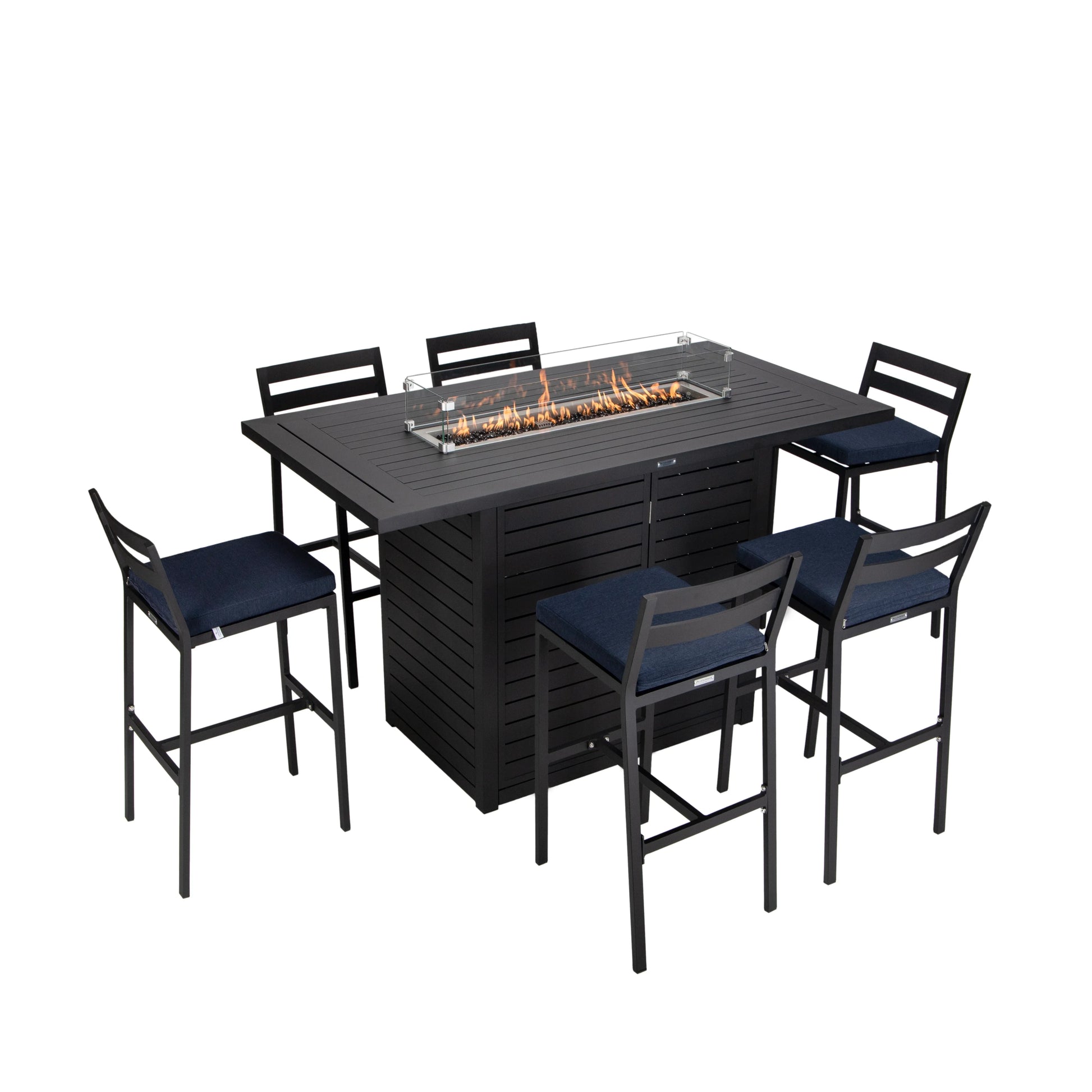 Chelsea 7-Piece Patio Bar Set: Aluminum Fire Pit Table with Tank Holder & 6 Barstools with Cushions - Elax Furniture