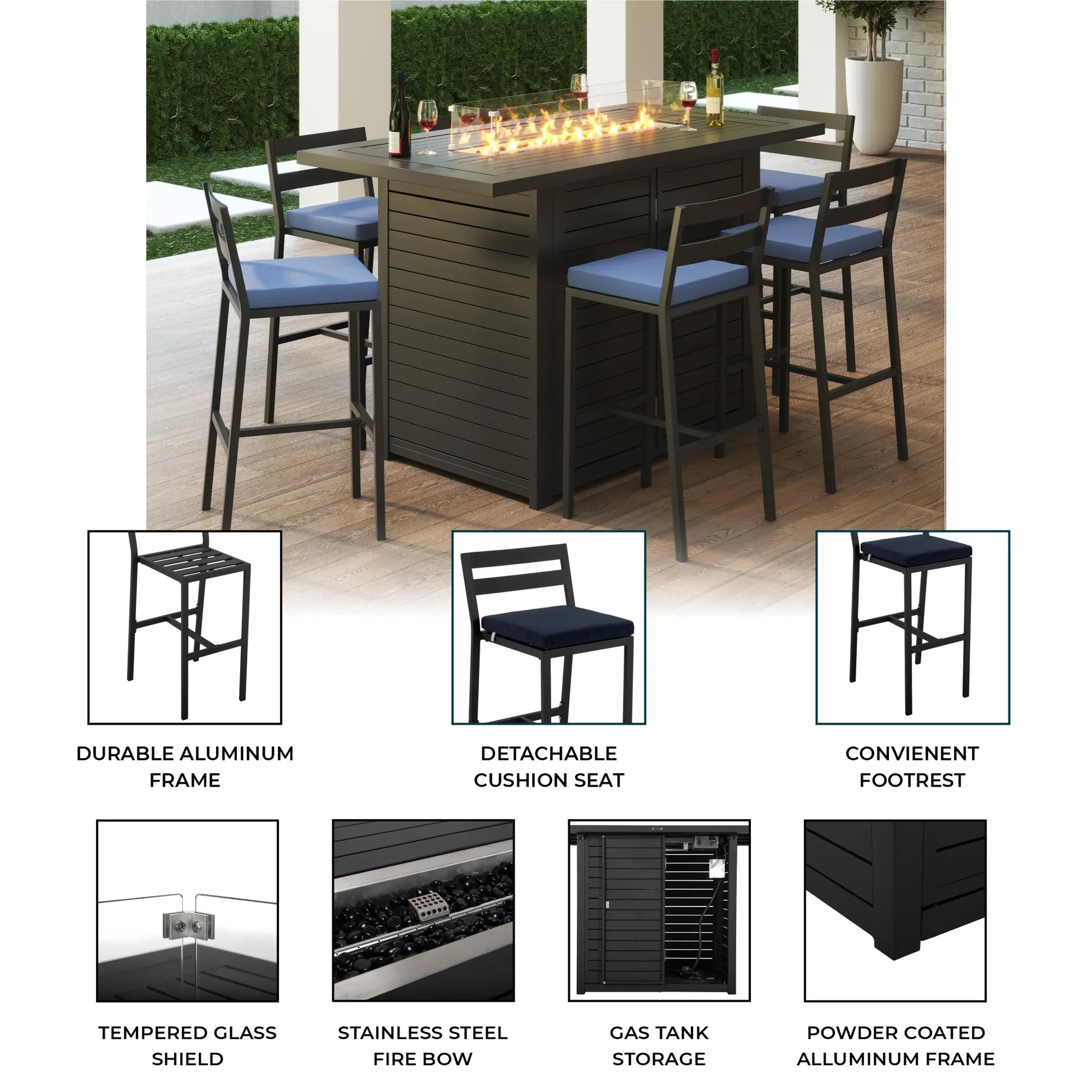 Chelsea 7-Piece Patio Bar Set: Aluminum Fire Pit Table with Tank Holder & 6 Barstools with Cushions - Elax Furniture