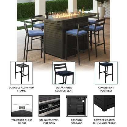 Chelsea 7-Piece Patio Bar Set: Aluminum Fire Pit Table with Tank Holder & 6 Barstools with Cushions - Elax Furniture