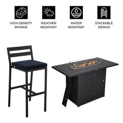 Chelsea 7-Piece Patio Bar Set: Aluminum Fire Pit Table with Tank Holder & 6 Barstools with Cushions - Elax Furniture