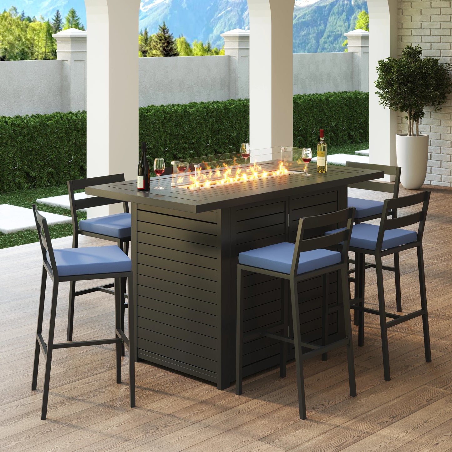 Chelsea 7-Piece Patio Bar Set: Aluminum Fire Pit Table with Tank Holder & 6 Barstools with Cushions - Elax Furniture