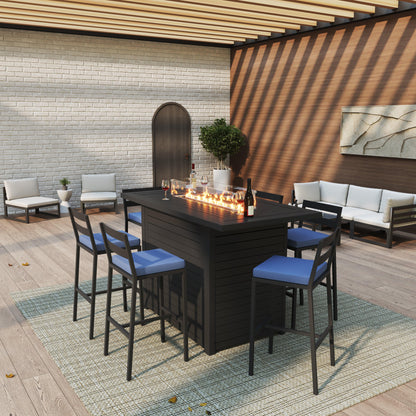 Chelsea 7-Piece Patio Bar Set: Aluminum Fire Pit Table with Tank Holder & 6 Barstools with Cushions - Elax Furniture
