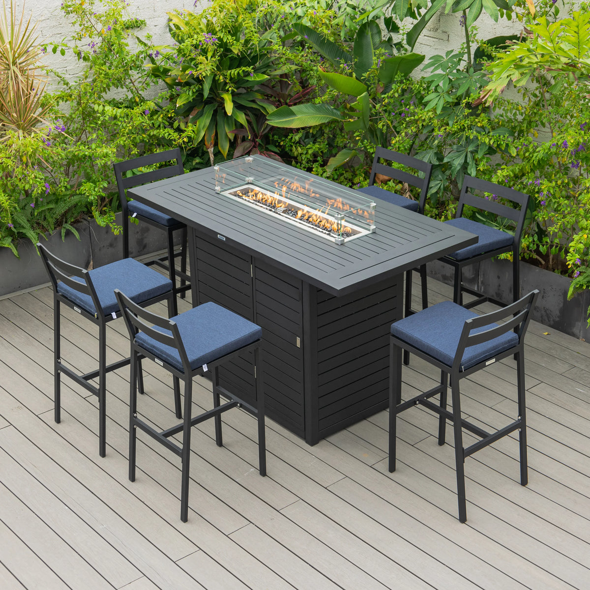 Chelsea 7-Piece Patio Bar Set: Aluminum Fire Pit Table with Tank Holder & 6 Barstools with Cushions - Elax Furniture