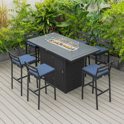 Chelsea 7-Piece Patio Bar Set: Aluminum Fire Pit Table with Tank Holder & 6 Barstools with Cushions - Elax Furniture