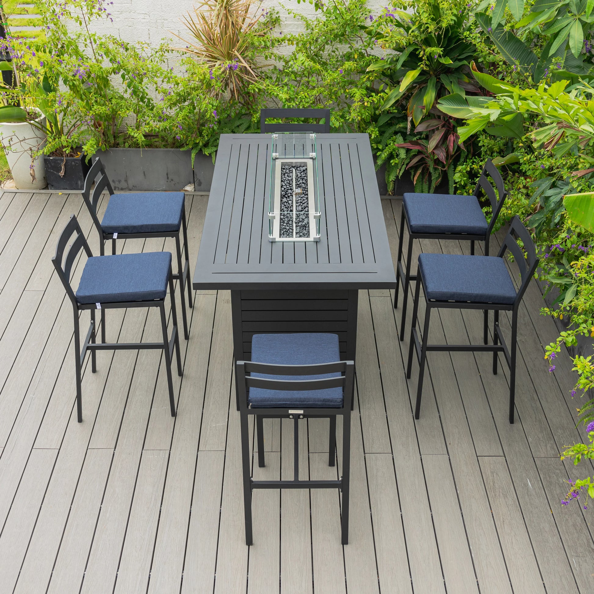 Chelsea 7-Piece Patio Bar Set: Aluminum Fire Pit Table with Tank Holder & 6 Barstools with Cushions - Elax Furniture