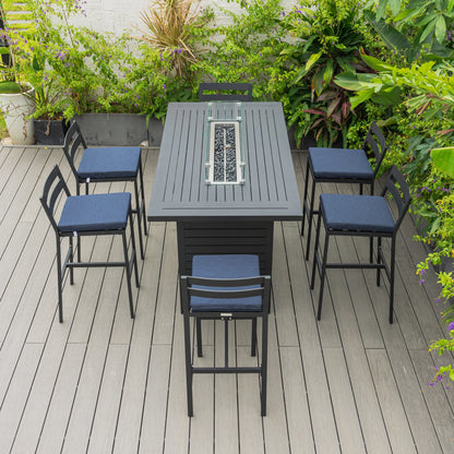 Chelsea 7-Piece Patio Bar Set: Aluminum Fire Pit Table with Tank Holder & 6 Barstools with Cushions - Elax Furniture
