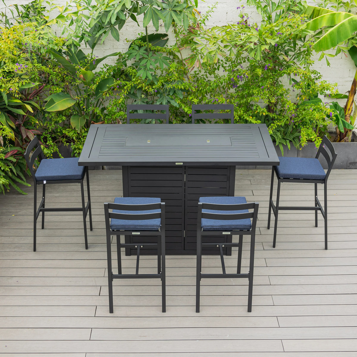 Chelsea 7-Piece Patio Bar Set: Aluminum Fire Pit Table with Tank Holder & 6 Barstools with Cushions - Elax Furniture