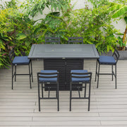 Chelsea 7-Piece Patio Bar Set: Aluminum Fire Pit Table with Tank Holder & 6 Barstools with Cushions - Elax Furniture