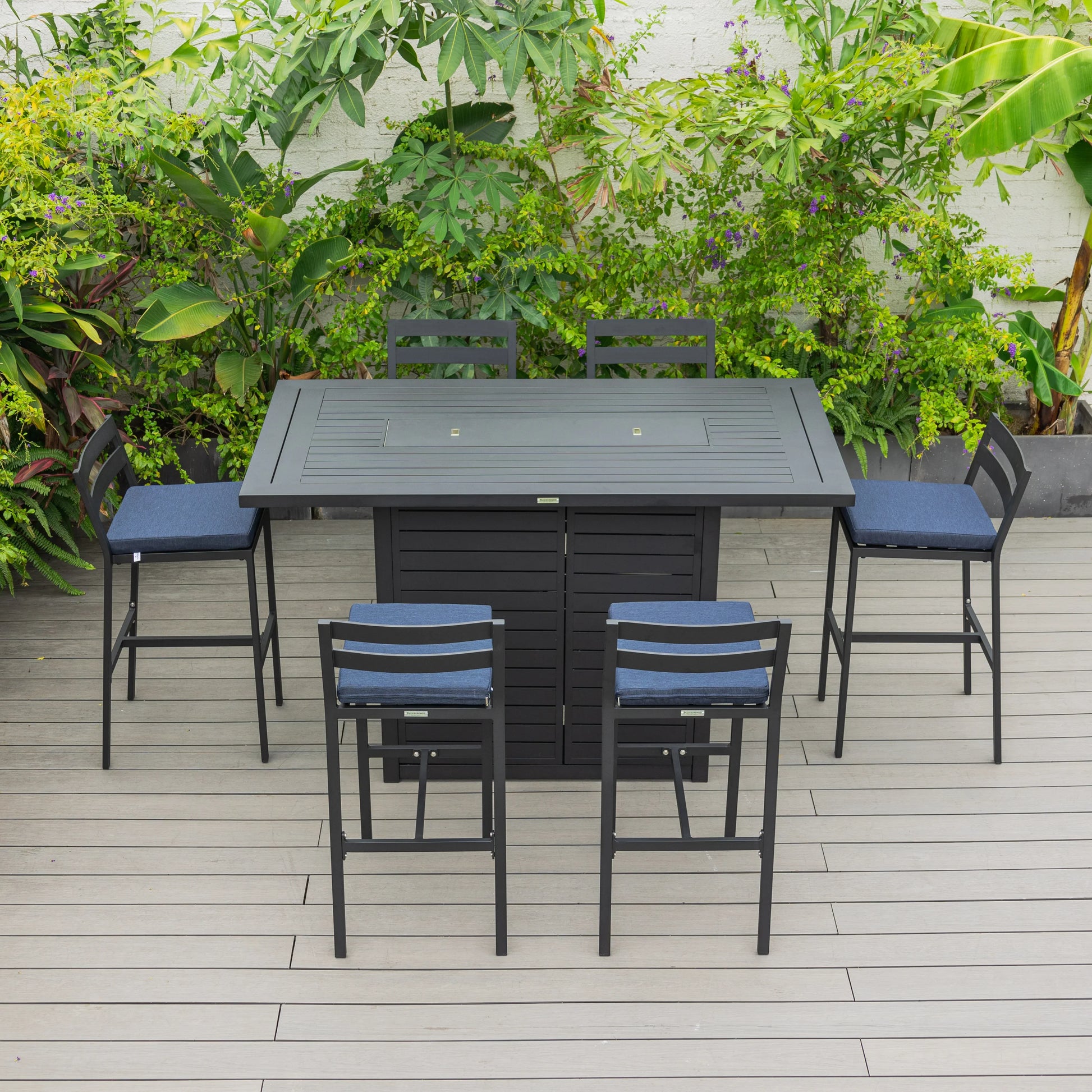 Chelsea 7-Piece Patio Bar Set: Aluminum Fire Pit Table with Tank Holder & 6 Barstools with Cushions - Elax Furniture