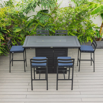 Chelsea 7-Piece Patio Bar Set: Aluminum Fire Pit Table with Tank Holder & 6 Barstools with Cushions - Elax Furniture