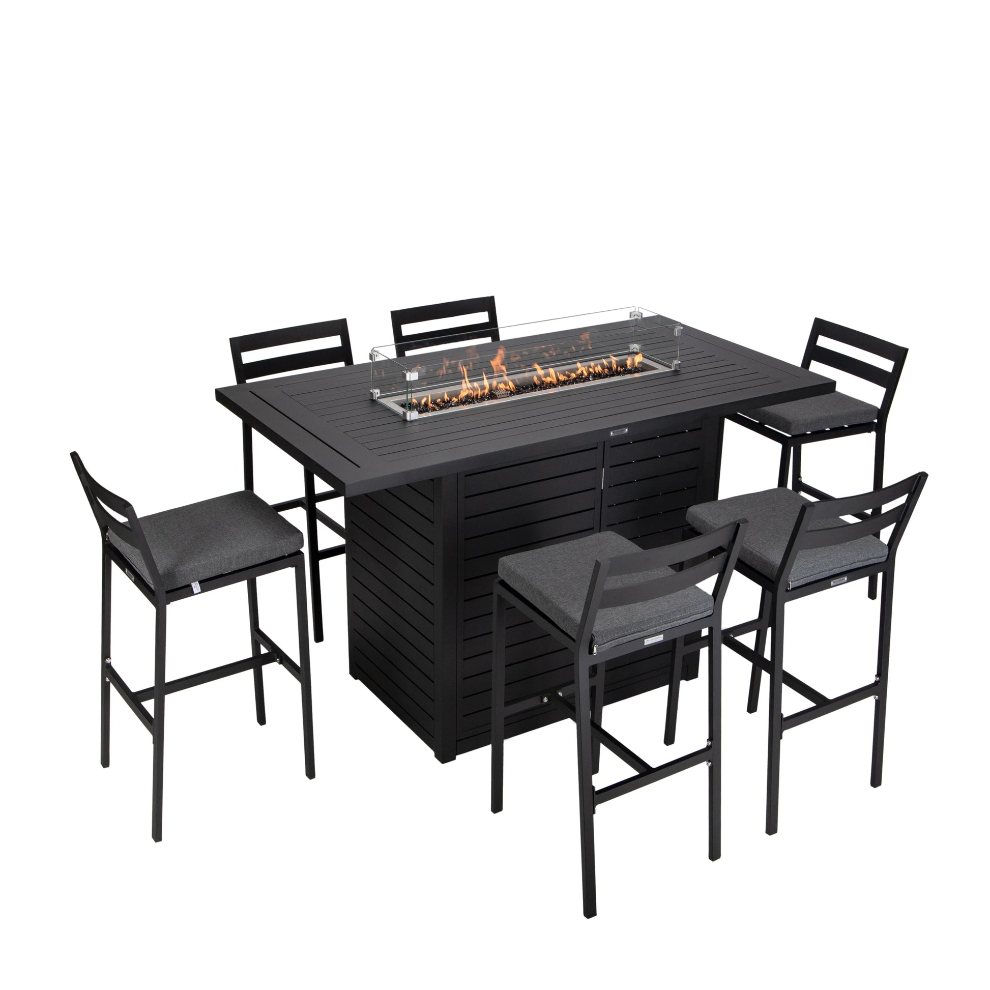 Chelsea 7-Piece Patio Bar Set: Aluminum Fire Pit Table with Tank Holder & 6 Barstools with Cushions - Elax Furniture