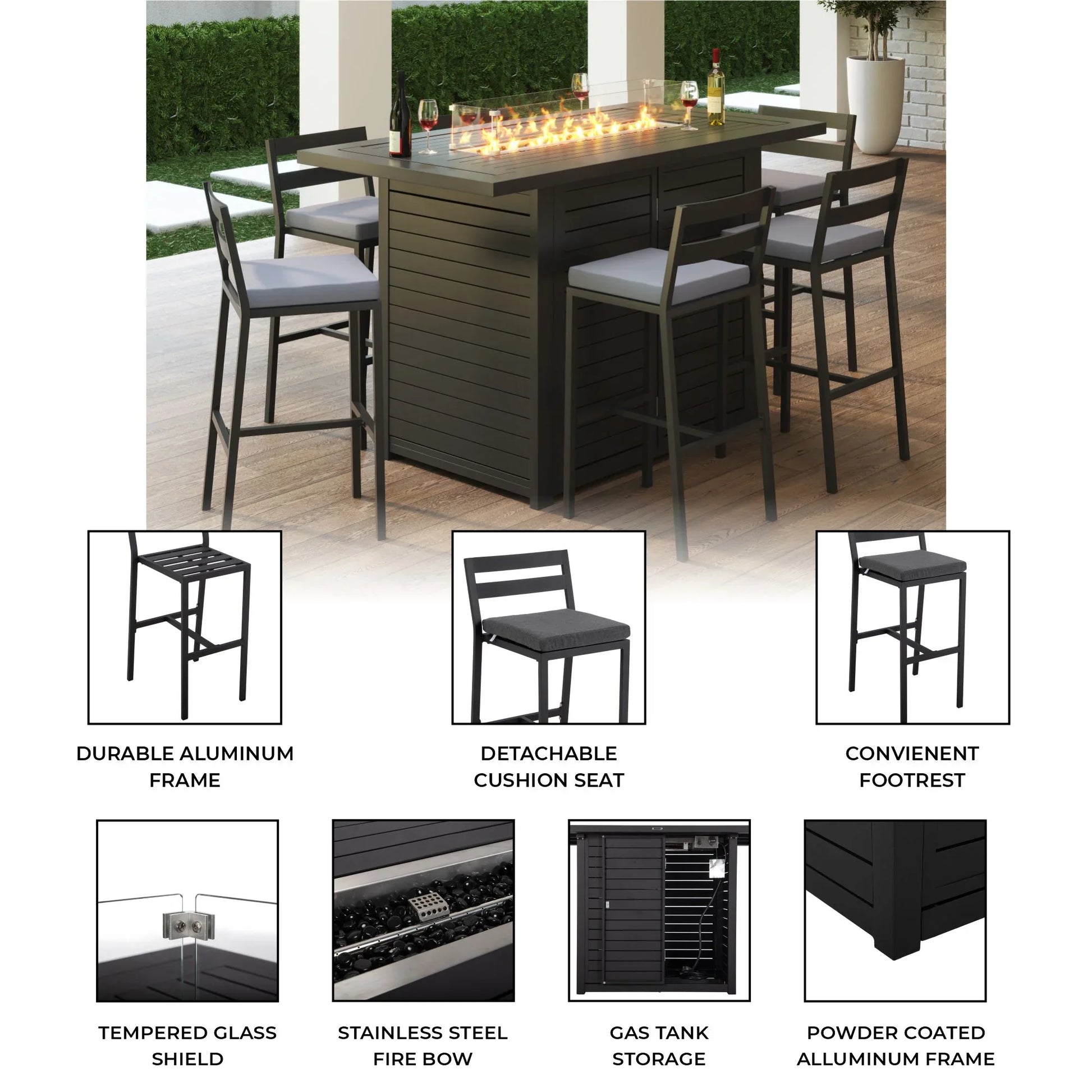 Chelsea 7-Piece Patio Bar Set: Aluminum Fire Pit Table with Tank Holder & 6 Barstools with Cushions - Elax Furniture