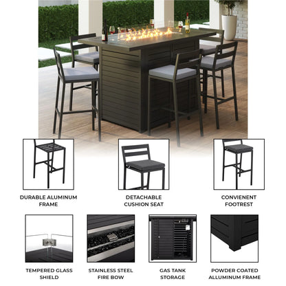 Chelsea 7-Piece Patio Bar Set: Aluminum Fire Pit Table with Tank Holder & 6 Barstools with Cushions - Elax Furniture
