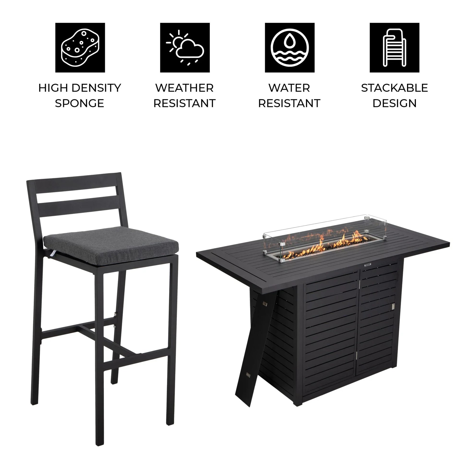 Chelsea 7-Piece Patio Bar Set: Aluminum Fire Pit Table with Tank Holder & 6 Barstools with Cushions - Elax Furniture