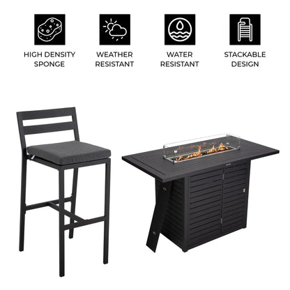 Chelsea 7-Piece Patio Bar Set: Aluminum Fire Pit Table with Tank Holder & 6 Barstools with Cushions - Elax Furniture