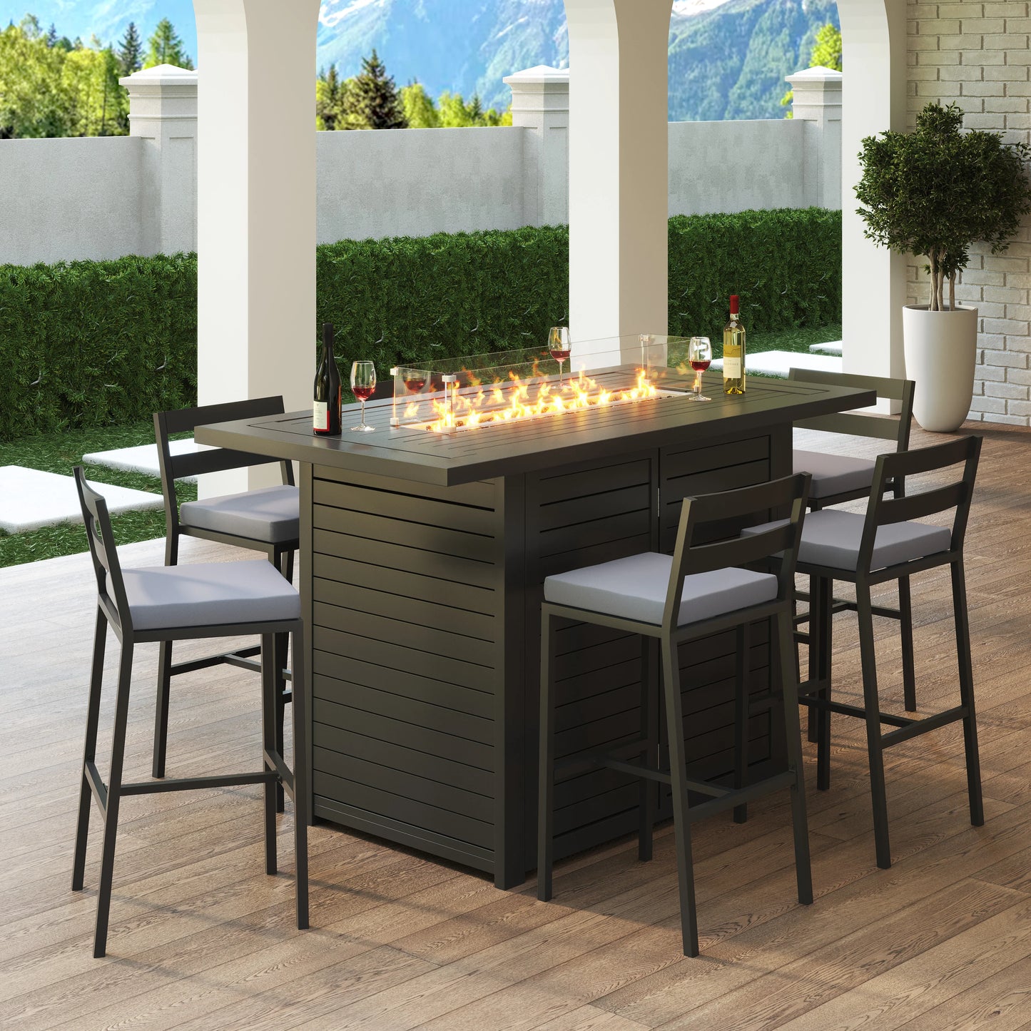 Chelsea 7-Piece Patio Bar Set: Aluminum Fire Pit Table with Tank Holder & 6 Barstools with Cushions - Elax Furniture