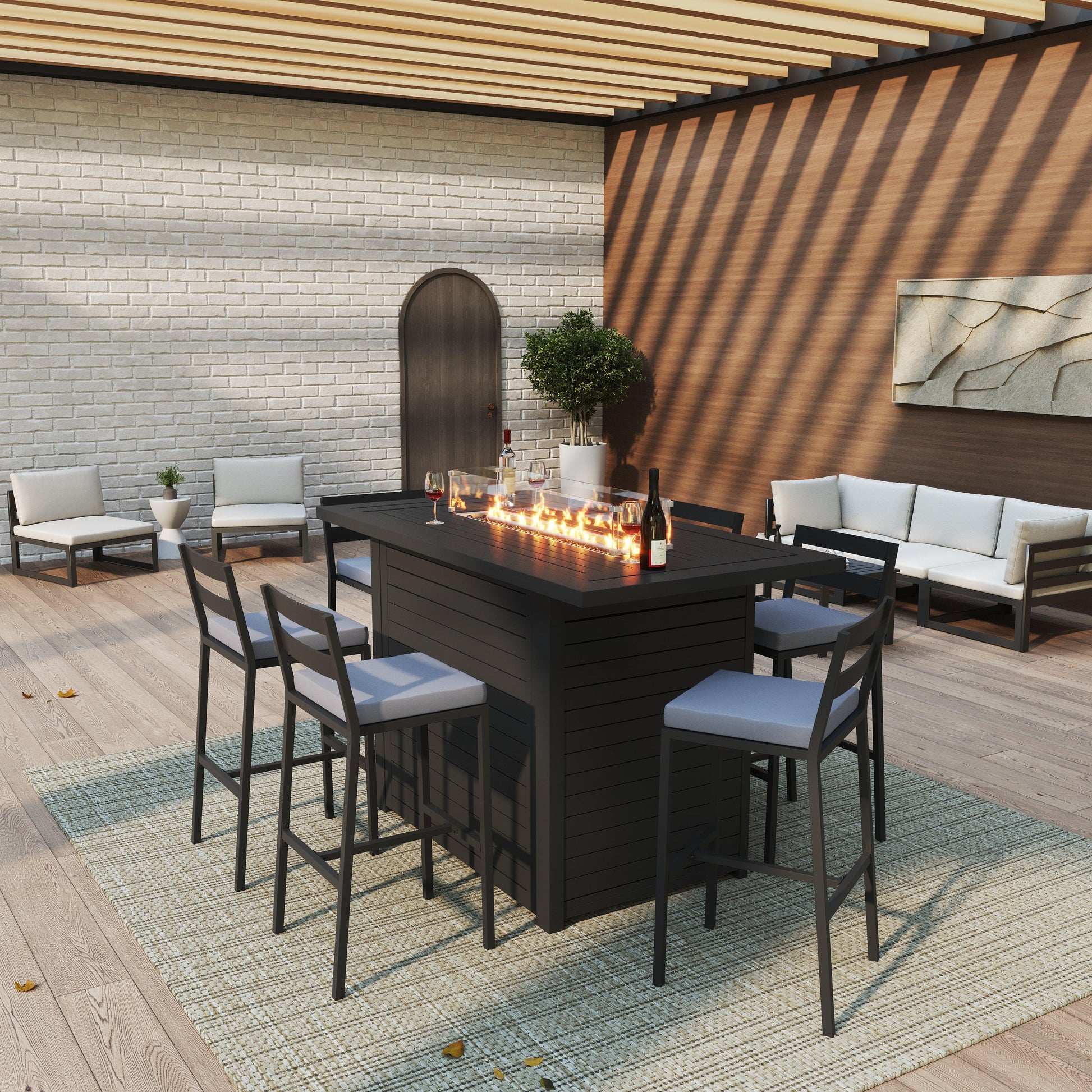 Chelsea 7-Piece Patio Bar Set: Aluminum Fire Pit Table with Tank Holder & 6 Barstools with Cushions - Elax Furniture