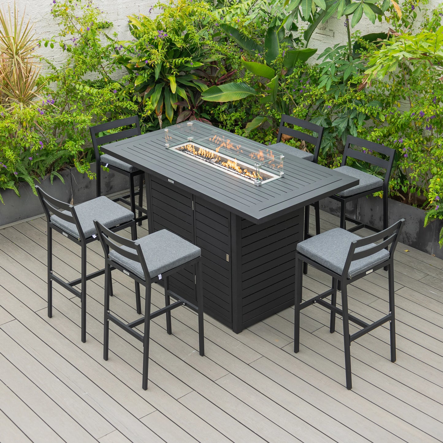 Chelsea 7-Piece Patio Bar Set: Aluminum Fire Pit Table with Tank Holder & 6 Barstools with Cushions - Elax Furniture