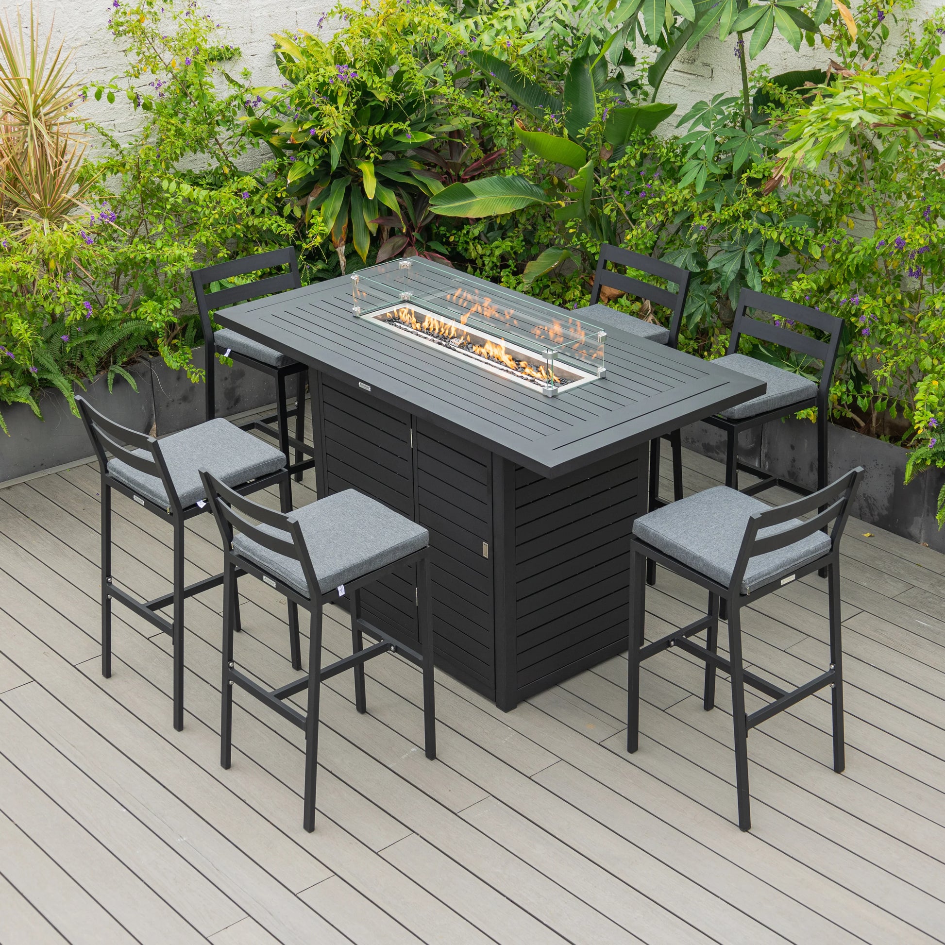 Chelsea 7-Piece Patio Bar Set: Aluminum Fire Pit Table with Tank Holder & 6 Barstools with Cushions - Elax Furniture