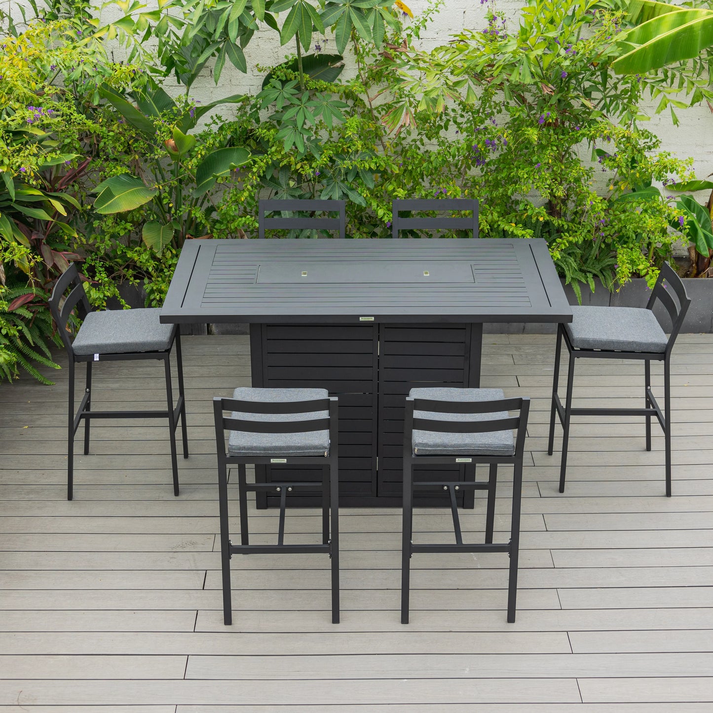 Chelsea 7-Piece Patio Bar Set: Aluminum Fire Pit Table with Tank Holder & 6 Barstools with Cushions - Elax Furniture