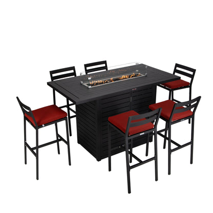 Chelsea 7-Piece Patio Bar Set: Aluminum Fire Pit Table with Tank Holder & 6 Barstools with Cushions - Elax Furniture