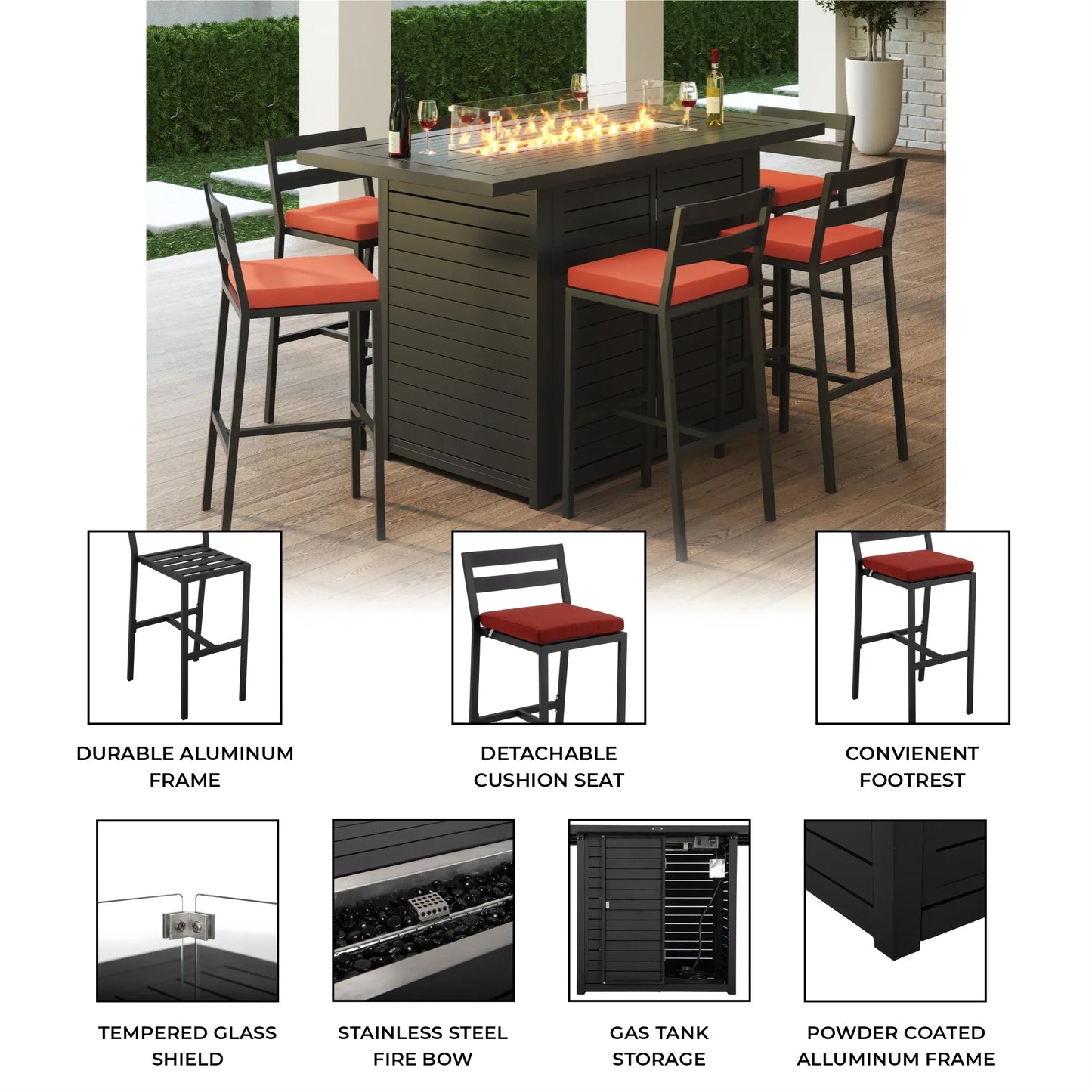 Chelsea 7-Piece Patio Bar Set: Aluminum Fire Pit Table with Tank Holder & 6 Barstools with Cushions - Elax Furniture