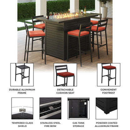 Chelsea 7-Piece Patio Bar Set: Aluminum Fire Pit Table with Tank Holder & 6 Barstools with Cushions - Elax Furniture