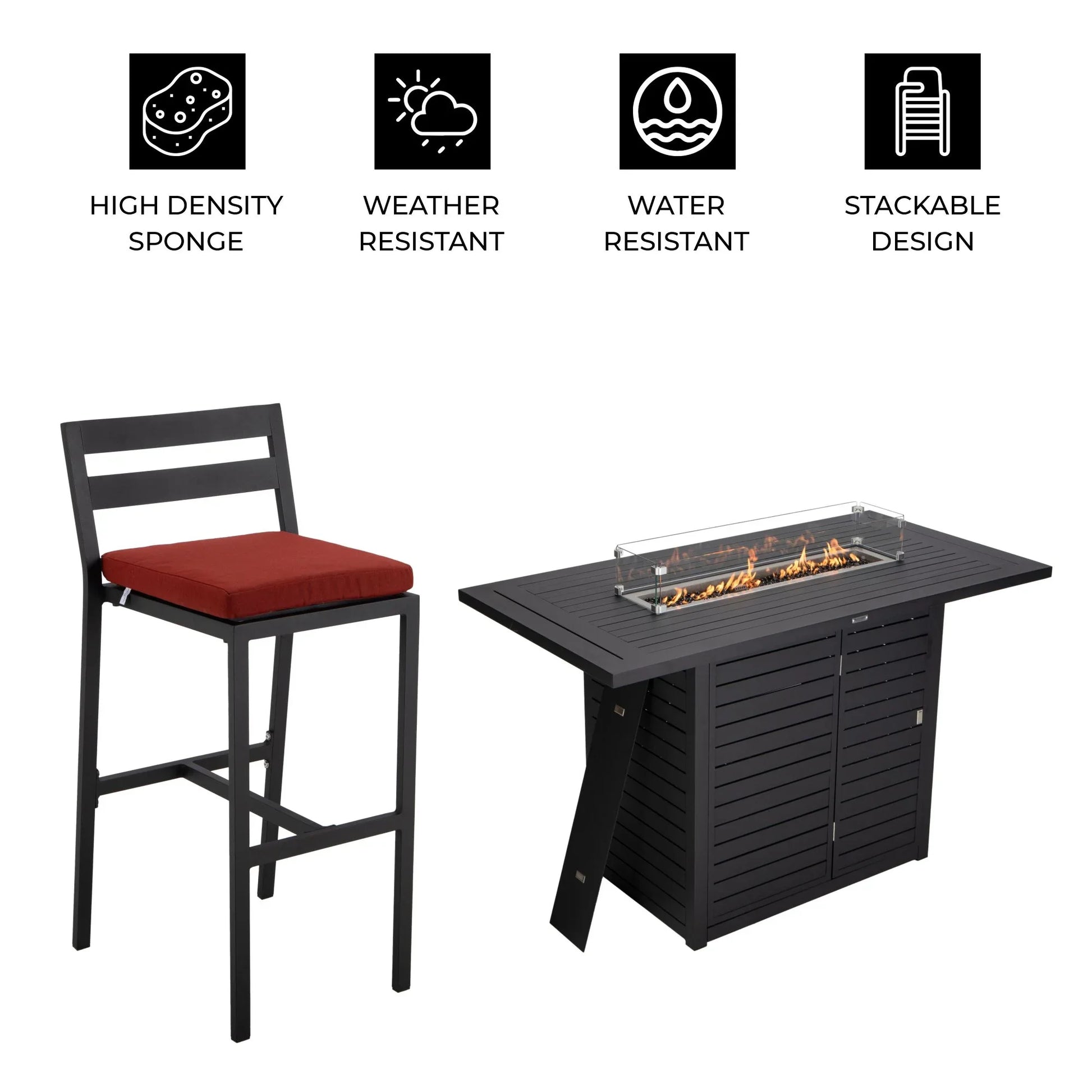 Chelsea 7-Piece Patio Bar Set: Aluminum Fire Pit Table with Tank Holder & 6 Barstools with Cushions - Elax Furniture