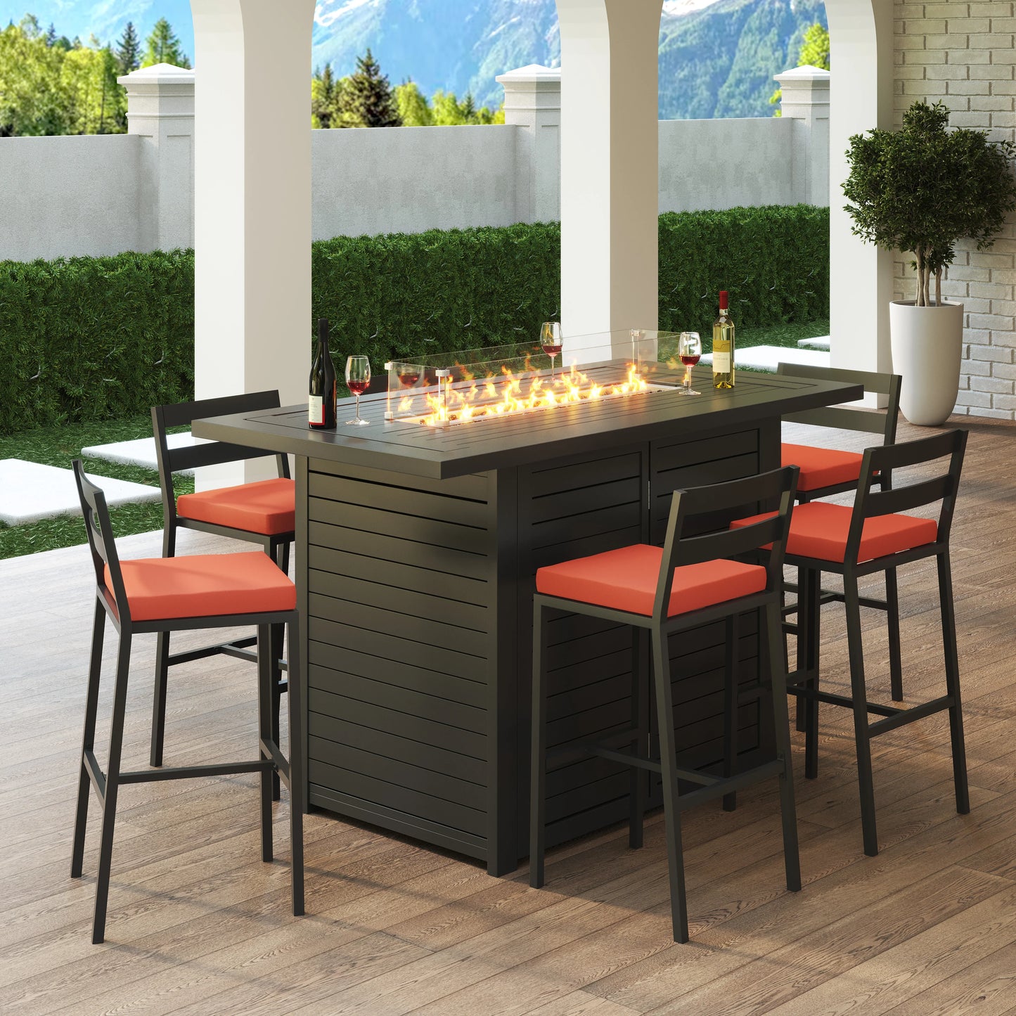 Chelsea 7-Piece Patio Bar Set: Aluminum Fire Pit Table with Tank Holder & 6 Barstools with Cushions - Elax Furniture
