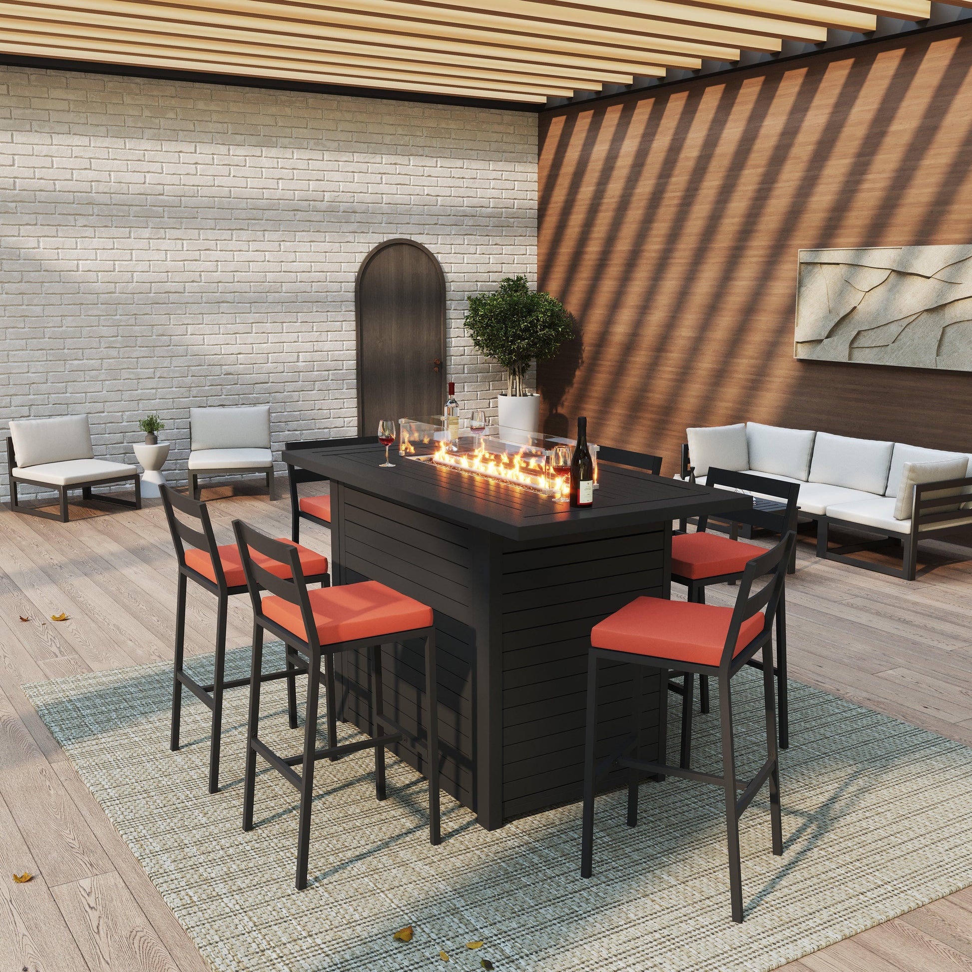 Chelsea 7-Piece Patio Bar Set: Aluminum Fire Pit Table with Tank Holder & 6 Barstools with Cushions - Elax Furniture