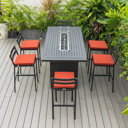 Chelsea 7-Piece Patio Bar Set: Aluminum Fire Pit Table with Tank Holder & 6 Barstools with Cushions - Elax Furniture
