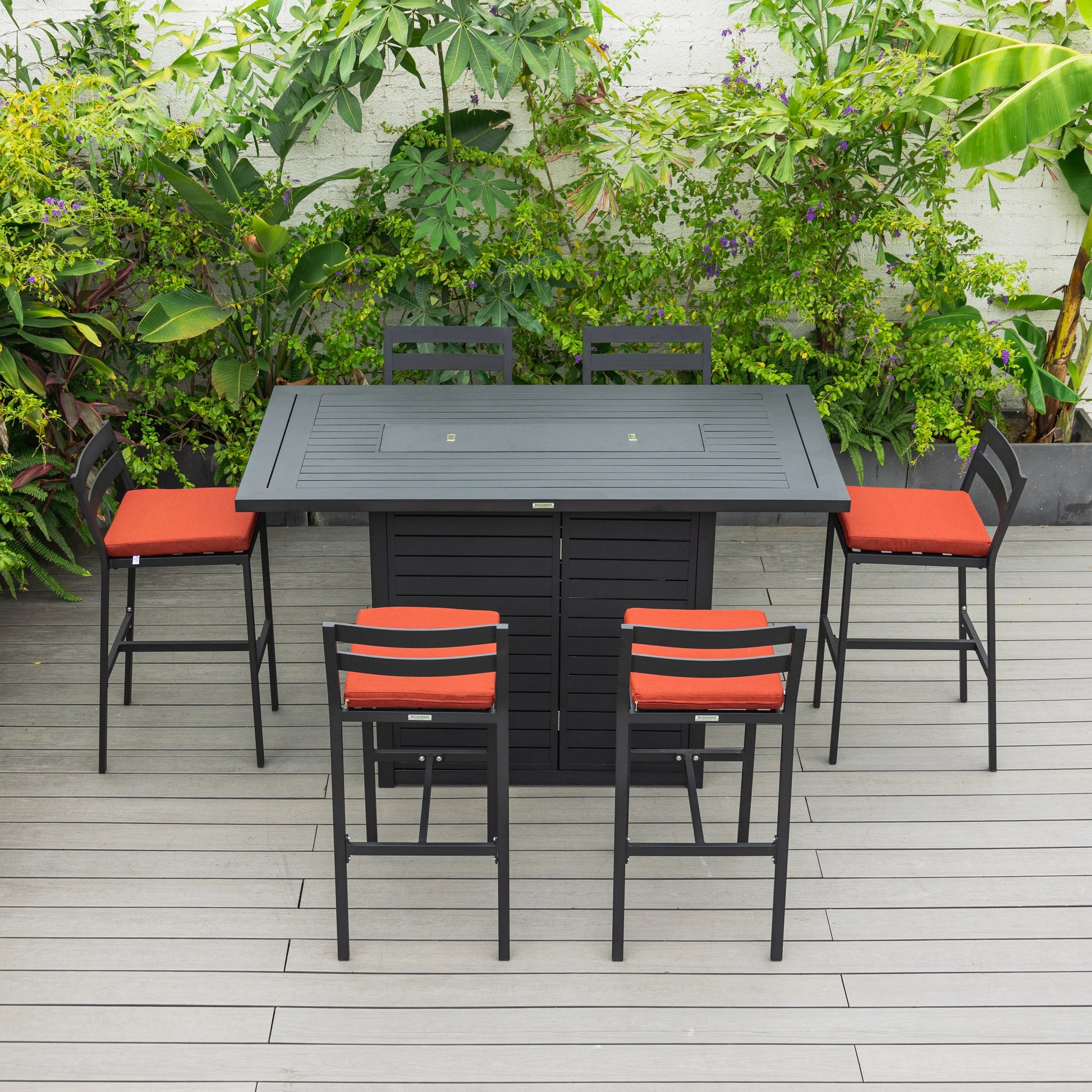 Chelsea 7-Piece Patio Bar Set: Aluminum Fire Pit Table with Tank Holder & 6 Barstools with Cushions - Elax Furniture