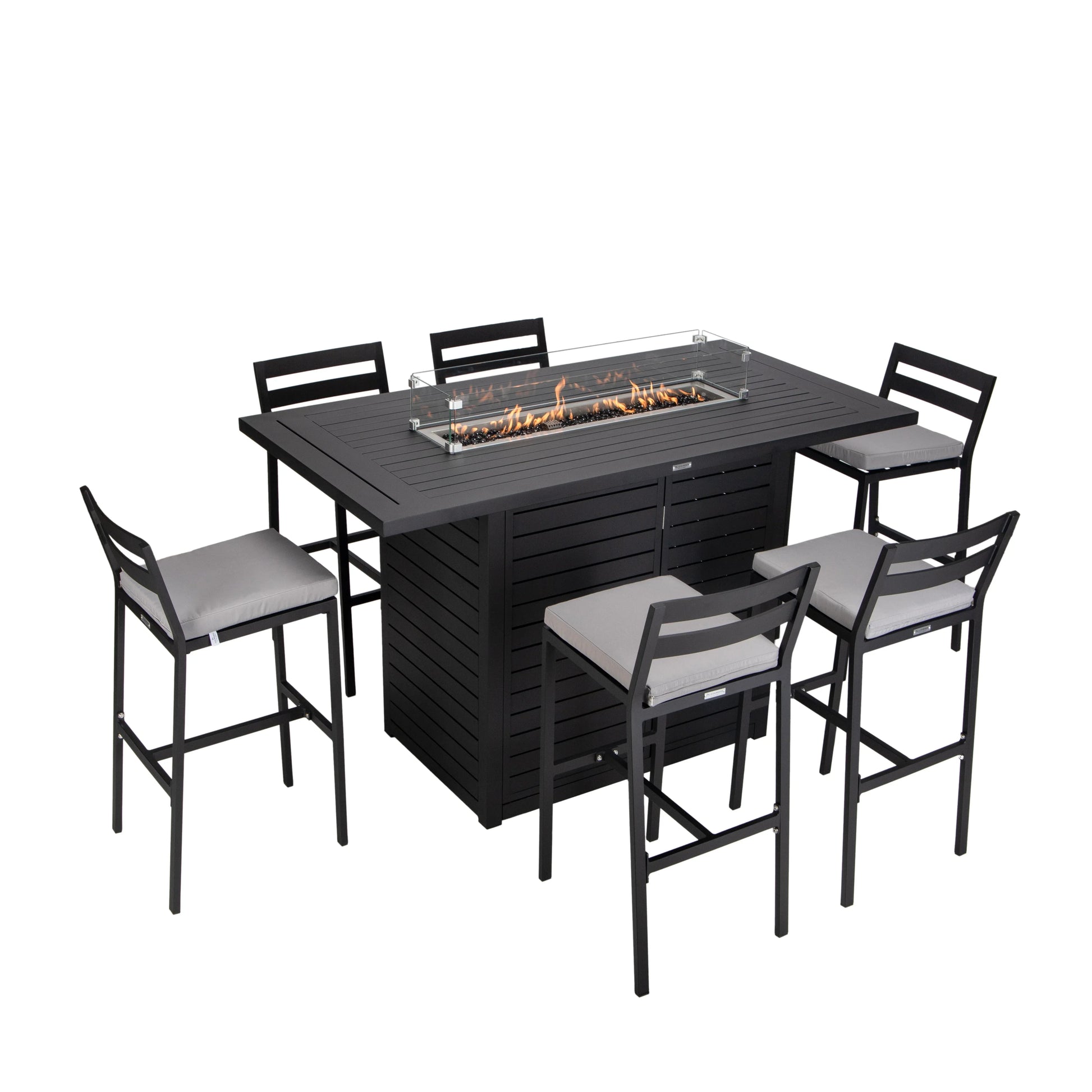 Chelsea 7-Piece Patio Bar Set: Aluminum Fire Pit Table with Tank Holder & 6 Barstools with Cushions - Elax Furniture