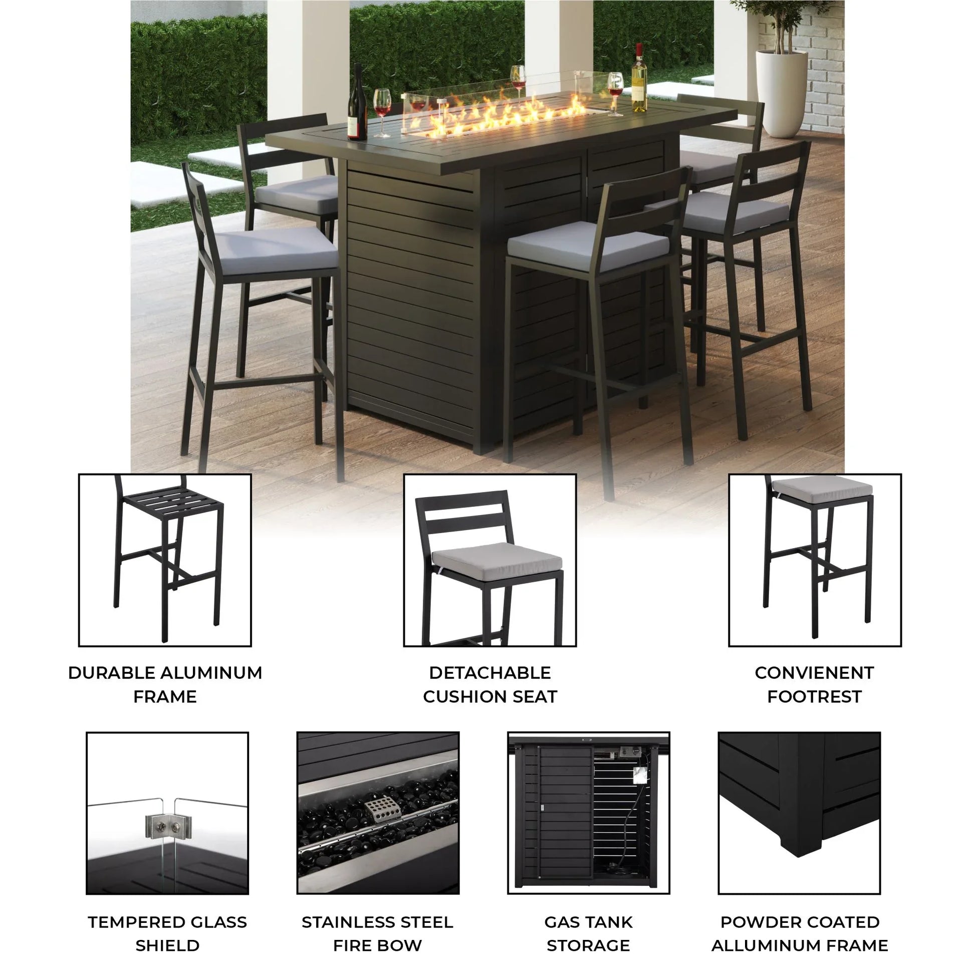 Chelsea 7-Piece Patio Bar Set: Aluminum Fire Pit Table with Tank Holder & 6 Barstools with Cushions - Elax Furniture
